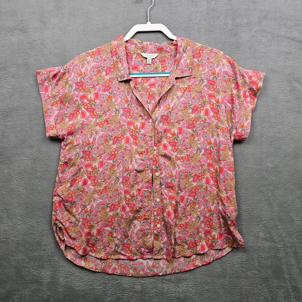 Lucky Brand Pink Floral Button Down Shirt Womens Medium Short Sleeve Feminine